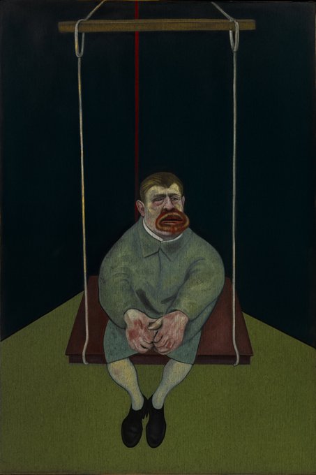A surreal painting of a weary-looking man with a red beard sitting on a suspended wooden platform, dressed in a green coat against a dark background.
