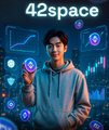 The image features a man standing against a city skyline backdrop, holding up a coin with a smile on his face. The coin appears to be worth something significant or valuable. The text "42spaces" is visible in the image as well.