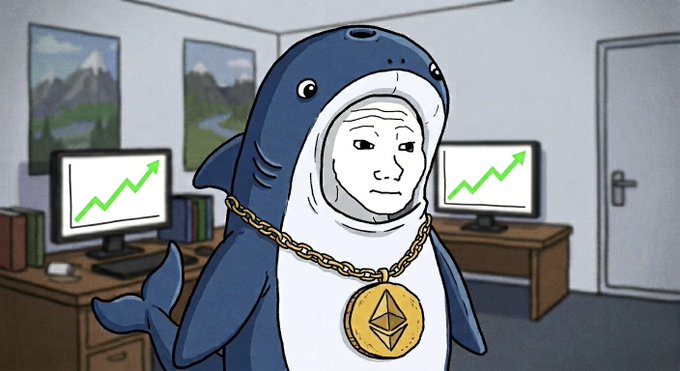 A Wojak-style cartoon character wearing a shark costume and a large gold Ethereum necklace stands in an office with monitors displaying upward-trending green charts.