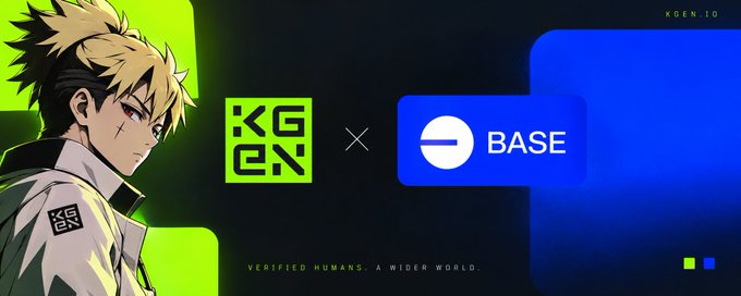 The image shows an anime-style character with spiky blond hair alongside the KGeN logo and a "BASE" logo connected by an "×" symbol, with the tagline "VERIFIED HUMANS. A WIDER WORLD." at the bottom, illustrating the post's announcement of KGeN's integration with the Base blockchain ecosystem.