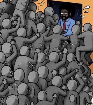 An illustration depicts a single, colorful man standing in a doorway, looking overwhelmed by a massive, surging crowd of grey, faceless figures. This visualizes the "POV" caption by suggesting the user feels their posts are significantly more impactful or attention-grabbing than others'.