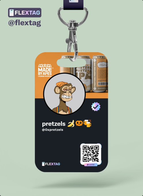 A product image of a FLEXTAG NFC card/keychain featuring a cartoon monkey mascot wearing an orange basketball jersey, advertising 'pretzels' with social media handle @0xpretzels, and a QR code linking to a crypto address.
