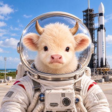 An AI-generated image of a fluffy white calf wearing an astronaut suit and helmet, standing in front of a SpaceX rocket launch pad.