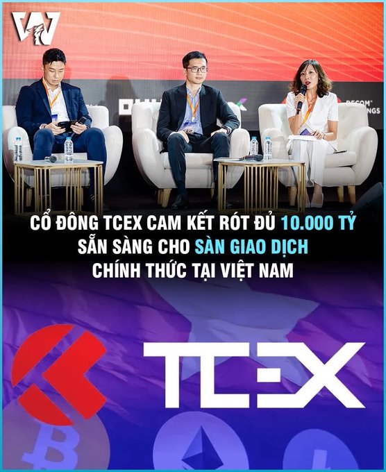 A panel discussion at a VAF event features three people seated in white chairs, with Vietnamese text reading "CỔ ĐÔNG TCEX CAM KẾT RÓT ĐỦ 10.000 TỶ SẴN SÀNG CHO SÀN GIAO DỊCH CHÍNH THỨC TẠI VIỆT NAM" above the TCEX logo.