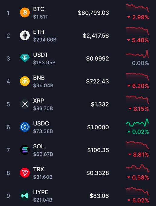 A cryptocurrency market tracker displays the top 9 coins by market cap, with BTC at $80,793.03 (down 2.99%) leading, followed by ETH at $2,417.56 (down 5.48%) and USDT at $0.9992, showing a general market downturn with most assets in red.
