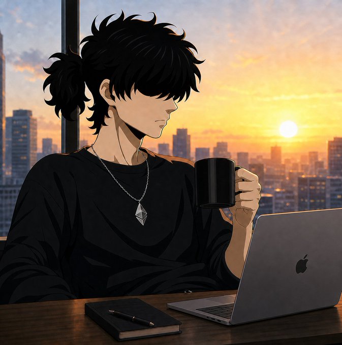 An anime-style illustration of a young man with messy black hair in a black shirt, drinking from a mug while using an Apple laptop at sunset overlooking a city skyline.