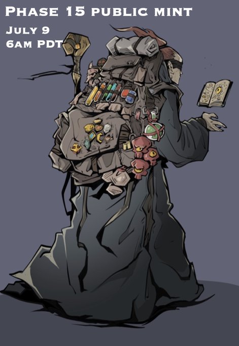 Promotional artwork for 'PHASE 15 PUBLIC MINT' on July 9 at 6AM PDT, depicting an illustrated character with a large backpack of supplies holding an open book.