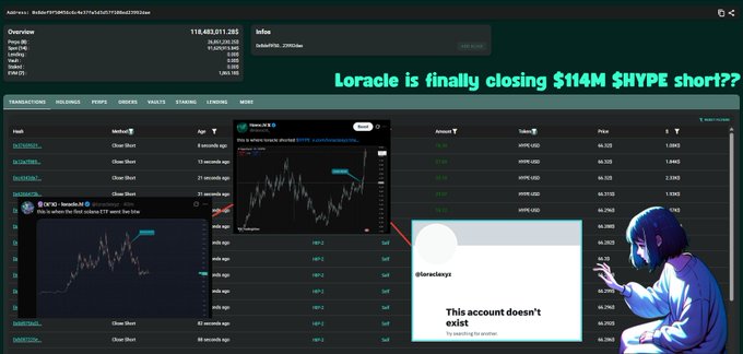 The image shows a screen displaying an investment portfolio of a company called Loracle. The screen highlights that the company has recently decided to close its $114M short position, as confirmed by a news source. This decision was made following yesterday's news about the legalization of perps in the United States. The post on this screen includes a statement explaining why Loracle chose to liquidate their investment and how it might impact others, indicating that their account does not have access to the invested funds.