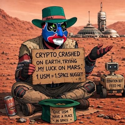 The image features a man dressed as a robot, holding up a sign that says "Crypto crashed on Earth, trying my luck on Mars. Challenge: 50,000,000 RACA goal Balance:800k Send any #RACA to support the experiment." The man is wearing a hat and sunglasses, giving him a futuristic appearance. In the background, there are two robots - one large robot and one smaller one.