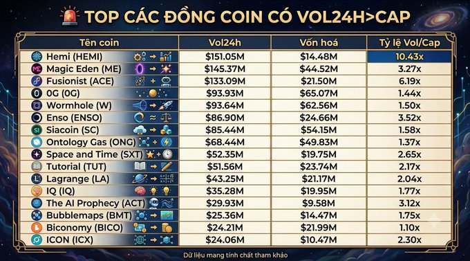 A Vietnamese cryptocurrency table titled 'TOP CÁC ĐỒNG COIN CÓ VOL24H>CAP' listing coins like Hemi (HEMI), Magic Eden (ME), and Fusionist (ACE) with their 24h volumes, market caps, and Vol/Cap ratios.