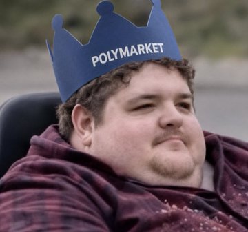 A person with curly hair wears a blue paper crown labeled 'POLYMARKET' and a red plaid shirt.