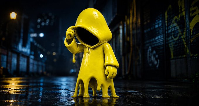 A glossy yellow figurine of a small cloaked character with an empty black face void, standing on a wet urban street at night with graffiti-covered walls and a glowing streetlamp in the background.