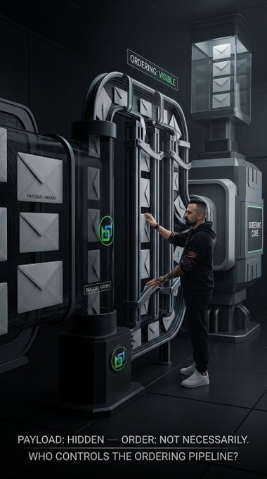A digital artwork of a tattooed man at an 'ORDERING' console with envelope icons, captioned 'PAYLOAD: HIDDEN – ORDER: NOT NECESSARILY. WHO CONTROLS THE ORDERING PIPELINE?'