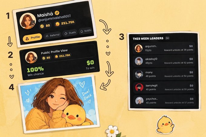 The image displays a four-step promotional graphic for "Duel," featuring screenshots of the platform's interface including a user profile for "Maisha" (@anjummaisha8051) with 80 points and 251.75K, a "Public Profile View" showing a 100% win chance to win $0, and a "This Week Leaders" board ranking top users like "anjumm.." and "akashq10" by points and reward unlocks, alongside a cute illustration of a girl winking while hugging a yellow duck labeled "Duel Duck," visually complementing the ambassador's post about joining Duel, voting on @duel_duck, and creating Duels.