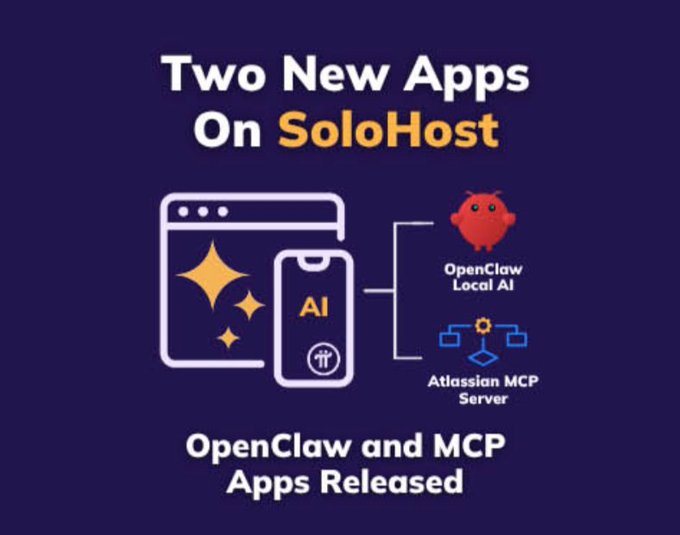 The image announces "Two New Apps On SoloHost," featuring OpenClaw Local AI and Atlassian MCP Server, with the caption "OpenClaw and MCP Apps Released." While the accompanying post discusses the Pi Mainnet blockchain protocol upgrade to v27, this promotional graphic relates to SoloHost's expansion with AI and integration tools rather than the protocol upgrade itself.