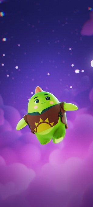 A 3D-rendered green dinosaur-like character wearing a brown outfit with a sun emblem, floating against a starry purple night sky background.