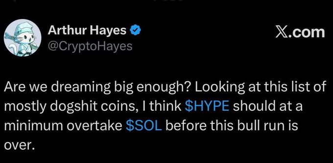 The image features a black background with white text that reads "Arthur Hayes: Are we dreaming big enough? Looking at this list of mostly doghit coins, I think $HYPE should at least surpass $SOL before this bull cycle ends." The caption is written in a conversational style and includes the names of two people.