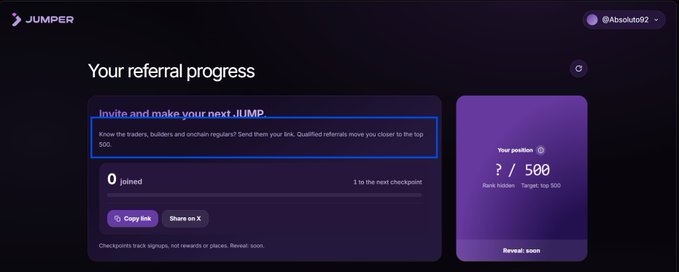 A screenshot of the JUMPER referral progress page for user @Absoluto92, showing 0 joined and a position of ?/500 with the message 'Invite and make your next JUMP' highlighted.