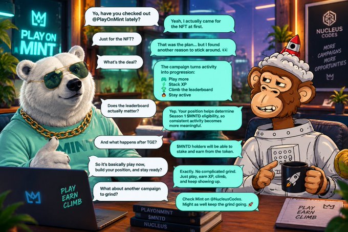 An illustrated conversation between a bear in sunglasses and a monkey wearing a Santa hat, promoting the 'PLAY ON MINT' campaign and discussing NFT leaderboards.
