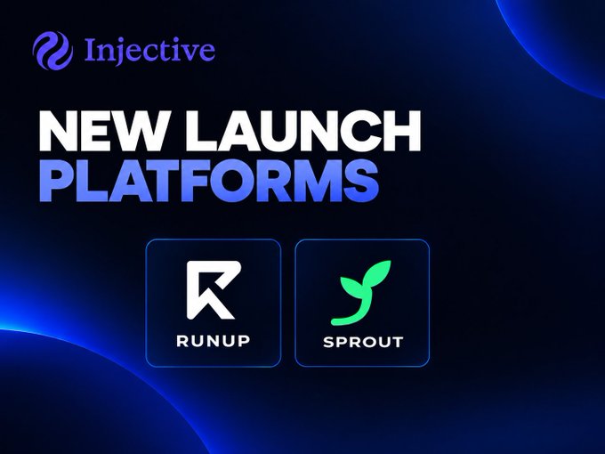 A promotional graphic for Injective announces 'NEW LAUNCH PLATFORMS,' showcasing logos for RUNUP and SPROUT against a dark blue background.