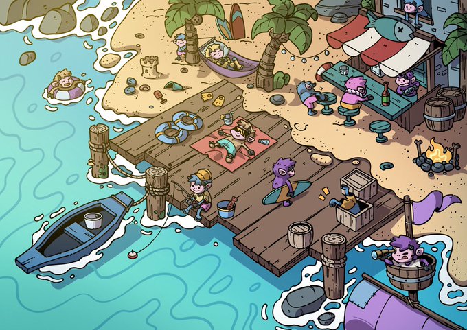 A colorful, cartoon-style illustration of a bustling beach scene with characters relaxing on a wooden pier, swimming in inner tubes, and drinking at a bar.