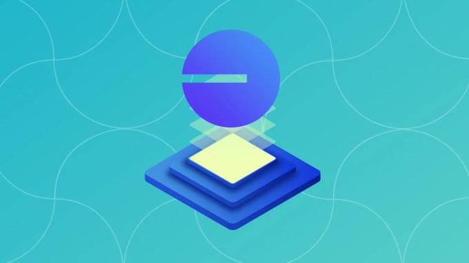 A stylized blue isometric illustration featuring the Base logo (a circle with a horizontal line) hovering above stacked blue platforms with a yellow cube, set against a teal background with circular patterns, visually representing Base's new unified chain.base.org hub.