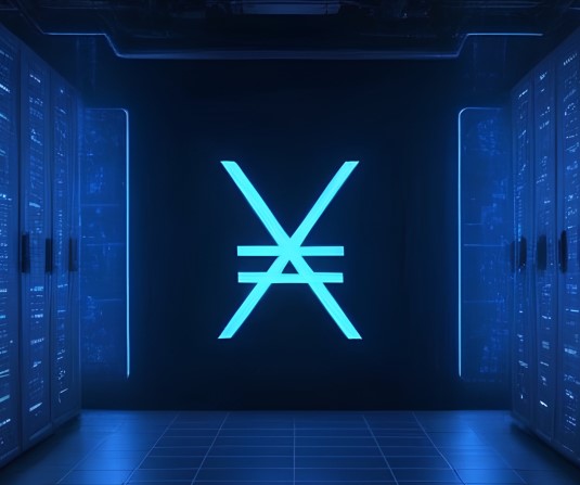 A glowing cyan X cryptocurrency symbol displayed in a futuristic dark server room with blue lighting.