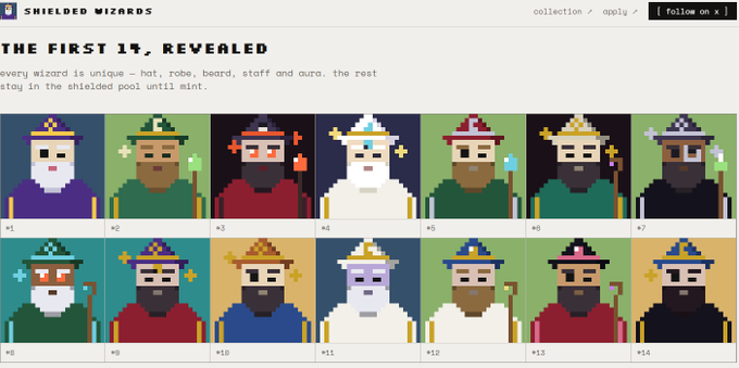 A pixel art NFT collection page titled 'SHIELDED WIZARDS' displays 14 wizard characters in a grid, each with unique hats, robes, beards, and staffs.