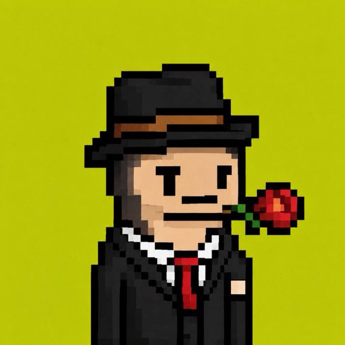 Pixel art of a man in a black suit and fedora holding a red rose in his mouth against a green background.