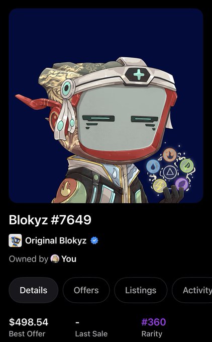 A digital collectible NFT profile page displaying a cartoonish character wearing a VR headset, titled 'Blokyz #7649' with a 'Best Offer' price of '$498.54' and '#360' Rarity.