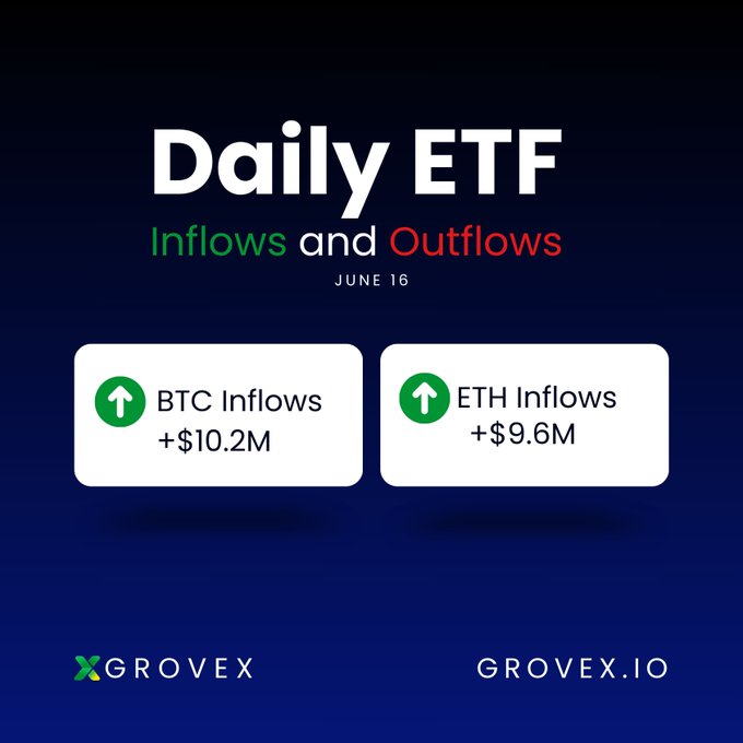 The image shows a blue background with white text that reads "Daily ETF Inflows & Outflows". Below this, there are two green circles representing the daily ETF flows of Bitcoin (BTC) and Ethereum (ETH). The text also mentions that the ETFs have been updated on June 16th.