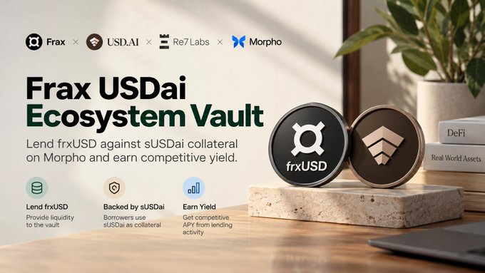 Promotional graphic for the Frax USDai Ecosystem Vault featuring Frax, USDAi, Re7 Labs, and Morpho logos, advertising lending opportunities with text 'Lend frxUSD against sUSDai collateral on Morpho and earn competitive yield.'