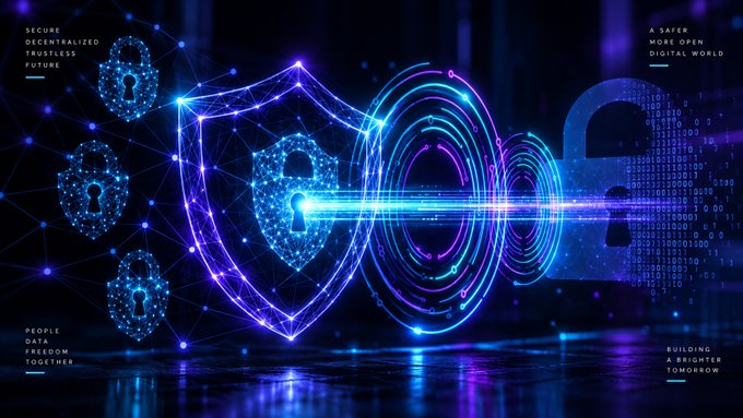 A digital security-themed graphic featuring a glowing blue and purple shield with a padlock icon, surrounded by network nodes, a keyhole design, and binary code, with text reading 'SECURE DECENTRALIZED TRUSTLESS FUTURE', 'A SAFER MORE OPEN DIGITAL WORLD', 'PEOPLE DATA FREEDOM TOGETHER', and 'BUILDING A BRIGHTER TOMORROW'.