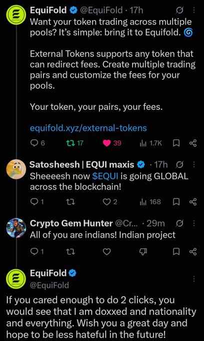 A Twitter/X thread featuring posts from EquiFold (@EquiFold) about External Tokens for token trading across multiple pools, with replies from Satosheesh about $EQUI going global and Crypto Gem Hunter making an inflammatory comment about nationality.