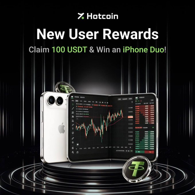 A promotional banner for Hotcoin's new-user campaign features the text "New User Rewards — Claim 100 USDT & Win an iPhone Duo!" alongside imagery of a silver iPhone, a foldable phone displaying a candlestick trading chart, and a Tether (USDT) token, visually representing the giveaway and trading bonuses described in the post.