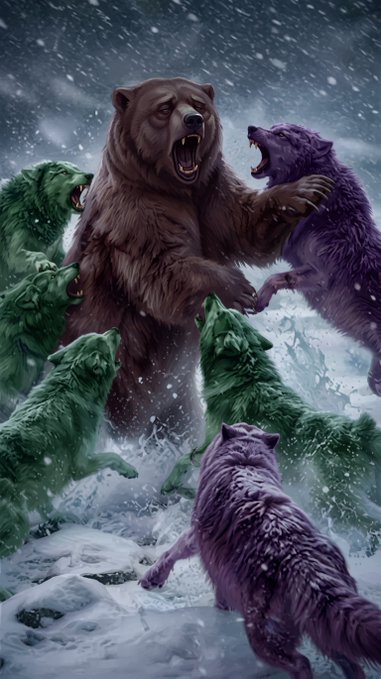 A fantasy illustration depicting a large brown bear fighting a purple bear, surrounded by smaller green and purple wolves in a snowy, dynamic scene.