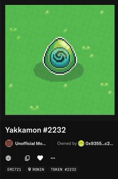 A digital collectible profile page showing a pixel-art egg-like creature on green grass, labeled 'Yakkamon #2232', 'ERC721', and owned by '0x0355...c2...'.