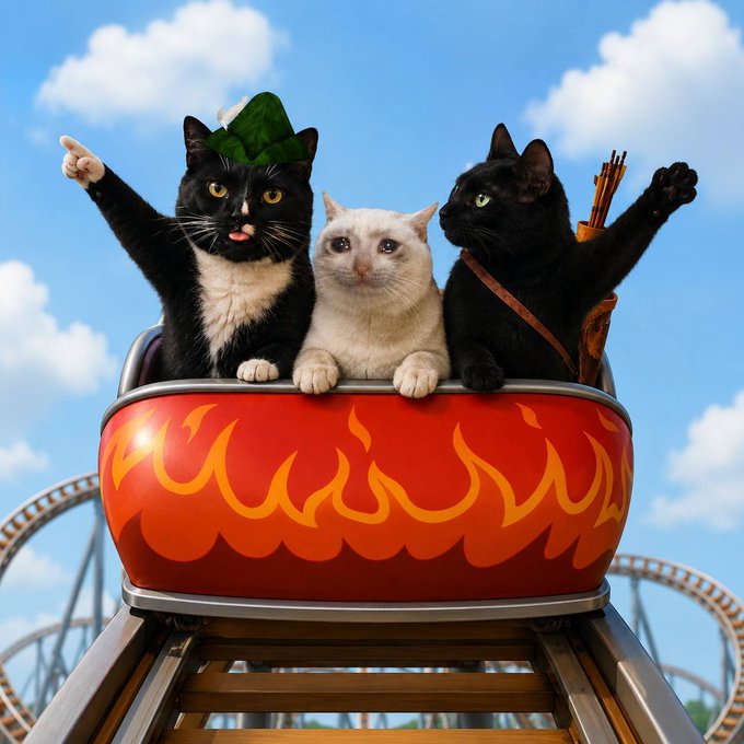 A playful image of three cats riding a red and yellow flame-decorated roller coaster car, with one tuxedo cat wearing a green elf hat and another carrying a quiver of arrows.