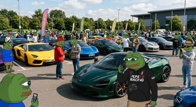 A car meetup at a parking lot features various sports cars, including a yellow Lamborghini and a green McLaren, with several attendees digitally edited to have Pepe the Frog heads wearing different outfits and accessories.