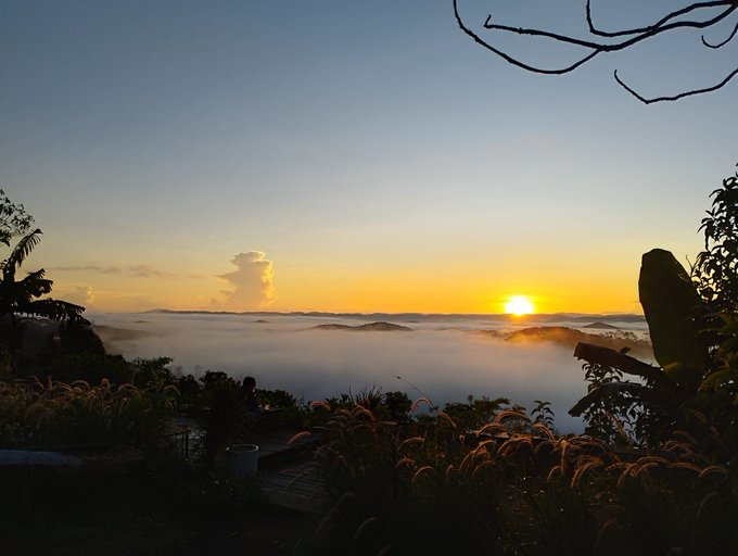 The image shows a beautiful sunset over a valley, with a foggy mountain range visible below. The sky is painted in shades of orange as the sun sets behind the mountains. In the foreground, there are some plants and trees that add depth to the scene. The caption provided seems unrelated to the actual photo or its content.