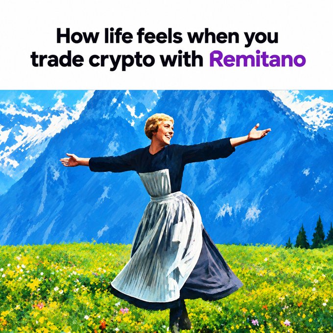An advertisement with the text 'How life feels when you trade crypto with Remitano' above an image of a woman in traditional dress joyfully spinning in a field with mountains in the background.