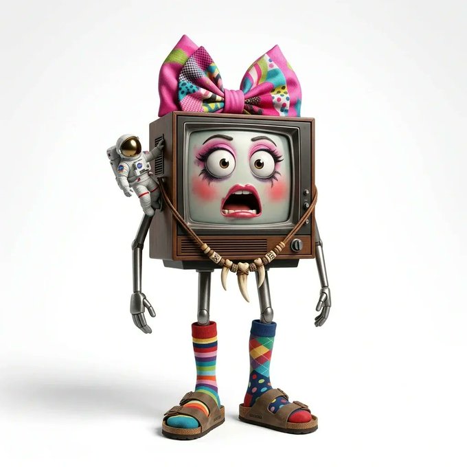 The image features a cartoon television character that resembles a person with three legs, wearing shoes, and carrying an astronaut helmet. The character appears startled and surprised by something outside of the frame. In the background, there are different colors representing emotions such as happiness (green), sadness (red), anger (yellow), surprise (blue), and confusion (purple). The text "BRAINROT #7538 has been sold for 0.049 ETH ($86.11)" is present in the image which indicates that this cartoon character has been auctioned off on an online marketplace, where it can be purchased by collectors or enthusiasts.