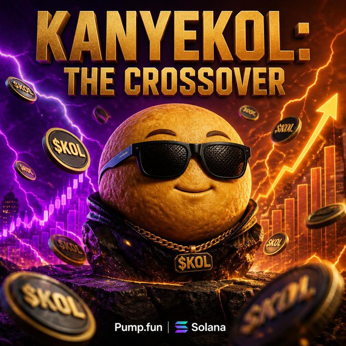 A promotional graphic titled 'KANYEKOL: THE CROSSOVER' features a potato-like character wearing sunglasses and a $KOL chain, with coins and an upward arrow against a lightning background, branded with 'Pump.fun' and 'Solana'.