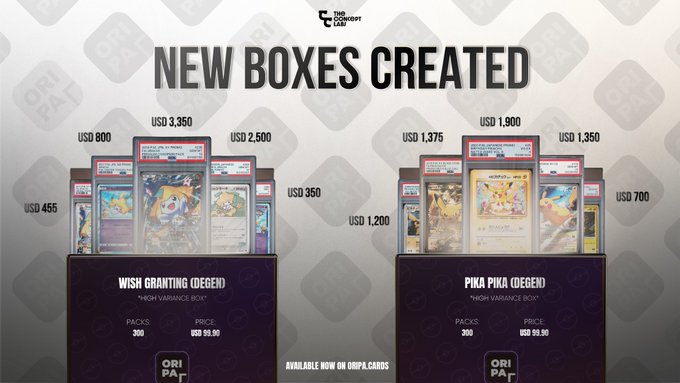 Promotional graphic titled "NEW BOXES CREATED" by The Pokémon Card showcasing two box variants: "WISH GRANTING (DEGEN)" with 300 packs priced at USD 99.99 featuring various high-value Pokémon cards labeled with prices like USD 800, USD 3,350, and USD 2,500, and "PIKA PIKA (DEGEN)" similarly priced with cards labeled USD 1,375, USD 1,900, and USD 1,350, available on onpa.cards.