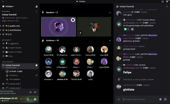 A Discord screenshot of the 'Initiate' server showing an active 'Initiate Townhall' voice channel with 2 speakers and 14 audience members, alongside chat messages using emojis like ☕🔥 and tags like @GTIFT.