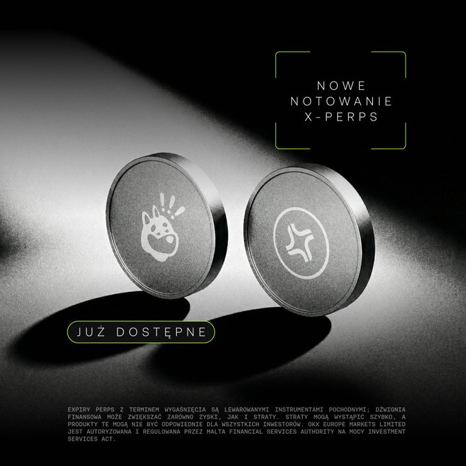 A dark promotional advertisement with metallic coins bearing crypto logos, announcing 'NOWE NOTOWANIE X-PERPS' (New X-Perps listing) 'JUŻ DOSTĘPNE' (Now available), with regulatory disclaimers in Polish noting authorization by the Malta Financial Services Authority.
