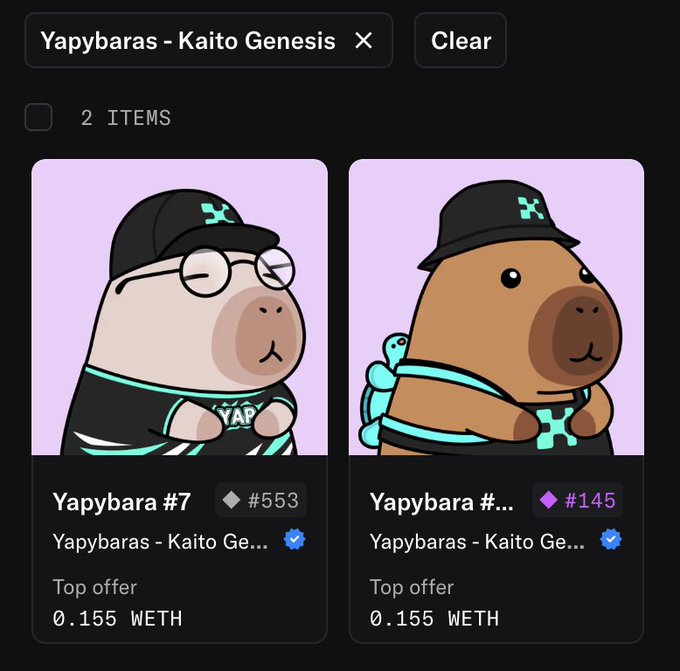 The image displays an NFT marketplace listing for "Yapybaras - Kaito Genesis" with two top offers of 0.155 WETH, showing Yapybara #7 (#553) and another Yapybara (#145), illustrating the significantly reduced floor price mentioned in the post.