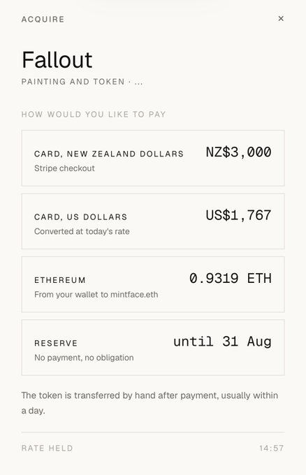 Mobile checkout screen titled 'ACQUIRE' for an artwork called 'Fallout', displaying payment options including NZ$3,000 in New Zealand Dollars, US$1,767, 0.9319 ETH, and a reserve option valid until 31 Aug.