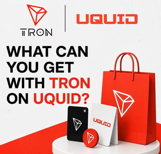 urn logo, liquid logo, and a red shopping bag with the word "TRON" on it are displayed against a white background.