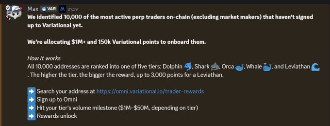 A Discord message from Max at Variational announcing a trader acquisition campaign, offering $1M+ and 150k Variational points to onboard 10,000 active perpetual traders organized into five tiers (Dolphin through Leviathan), with rewards scaling up to 3,000 points for top-tier traders who hit volume milestones between $1M–$50M.